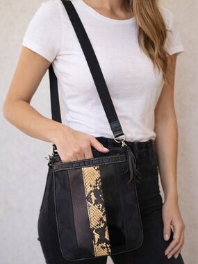 Coach Signature Stripe Patchwork Crossbody Swingpack Bag Black LeatherPython